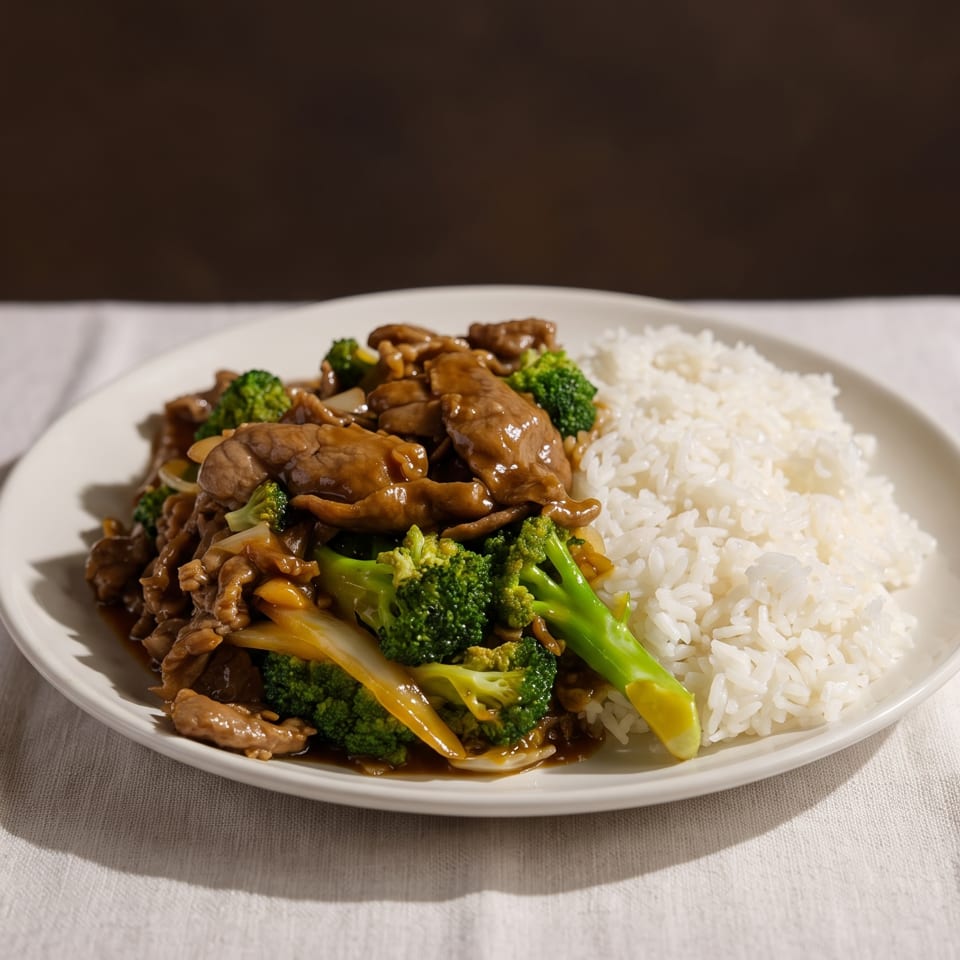 Plate of saucy beef and broccoli stir-fry served with white rice on a tablecloth.