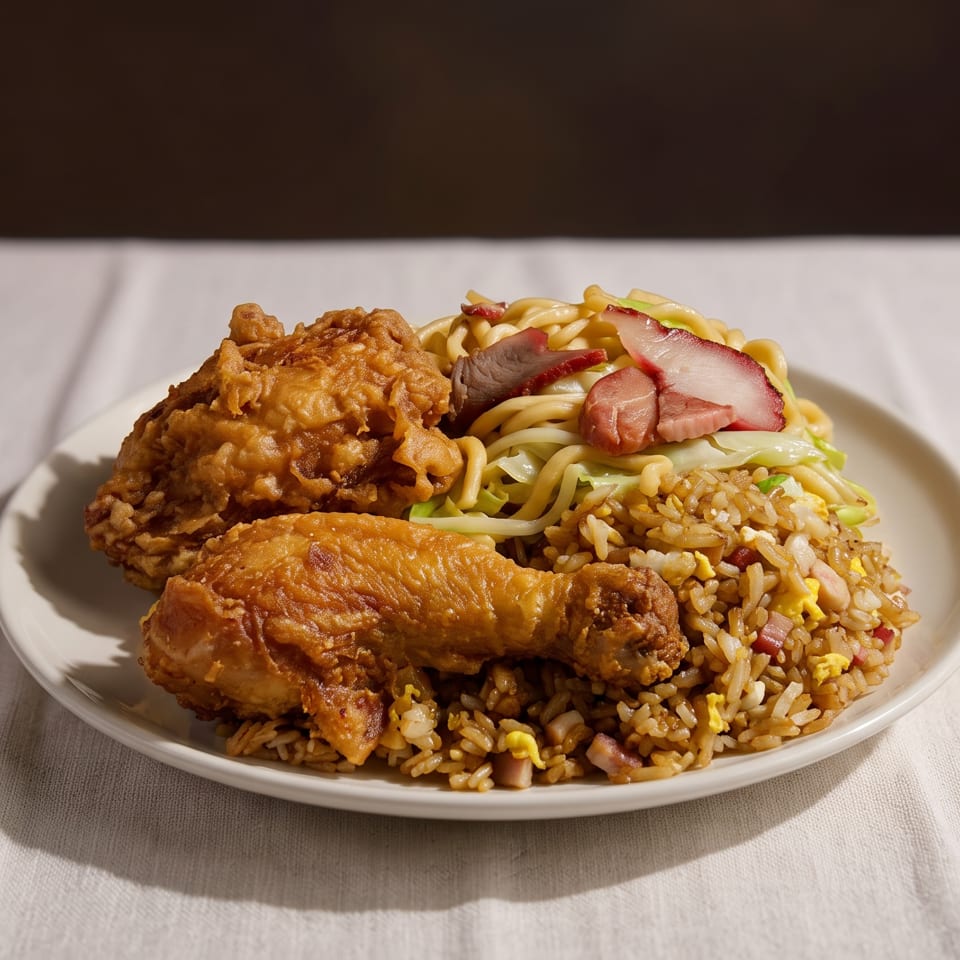 Plate of fried chicken, fried rice, stir-fried noodles, and sliced roast pork on a white tablecloth.