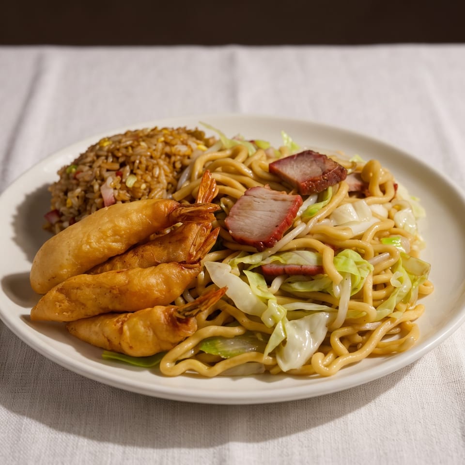 Plate of fried rice, chow mein with vegetables and roast pork, and several fried shrimp pastries.