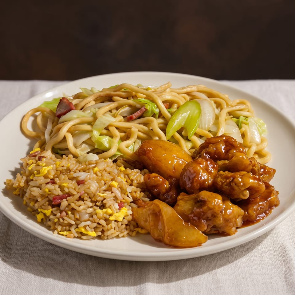 Plate of Chinese-style fried rice, stir-fried noodles with vegetables, and glossy sauced chicken.